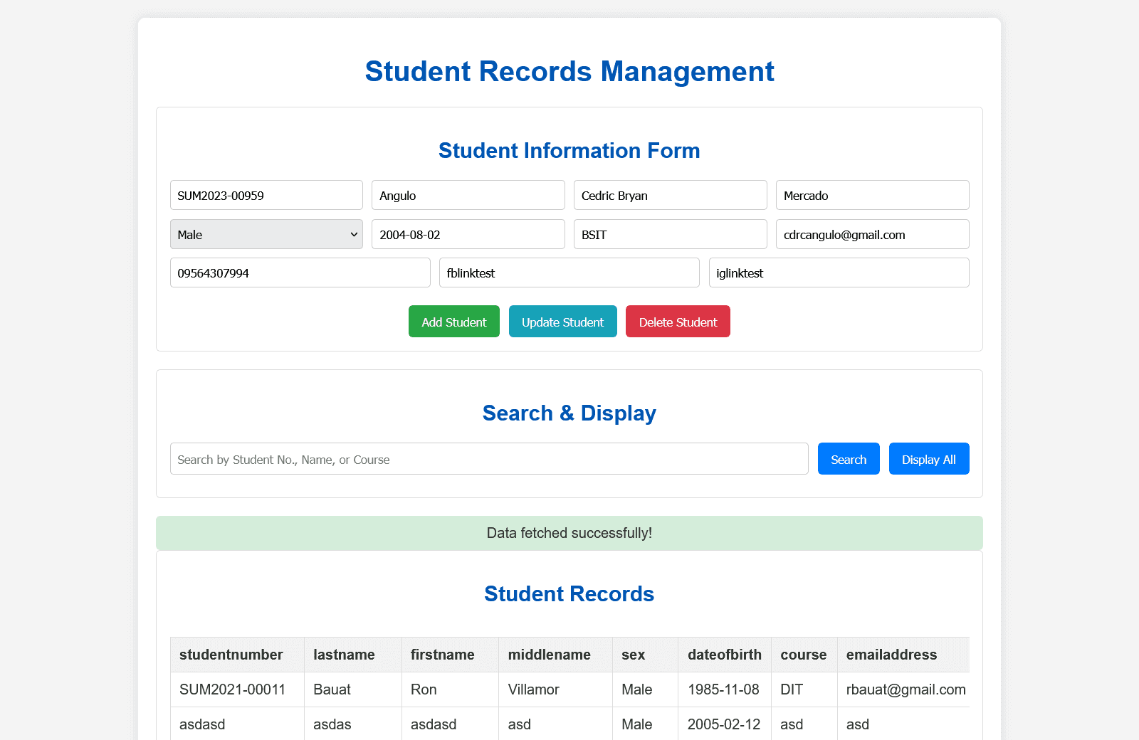 Screenshot of the Student Records Management web application